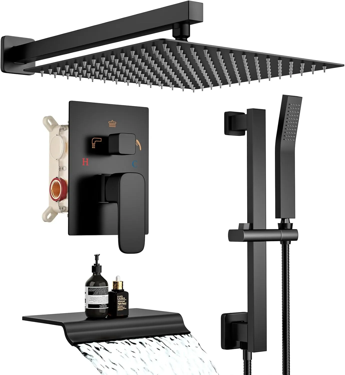 Shower System with Tub Spout, 12 Inch Rainfall Wall Mounted High Pressure Shower Head Handheld Shower Head, Bathroom Shower Faucet Set Adjustable Slide Bar Rough in Valve Body and Trim Matte Black