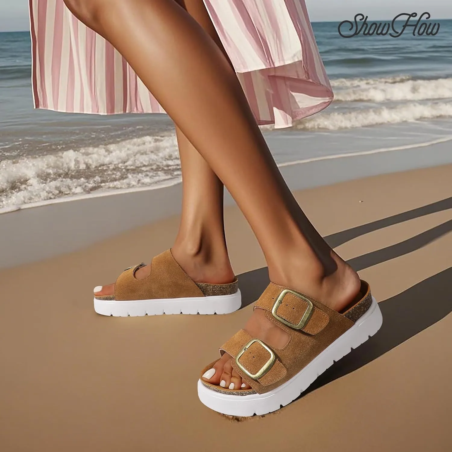 ShowHow Platform Sandals Women Cork Footbed Round Open Toe Chunky Double Adjustable Buckle Strappy Dress Slides Walking Summer Beach Outdoor Cute Comfortable Fashion Casual Dressy Slip On Sandals