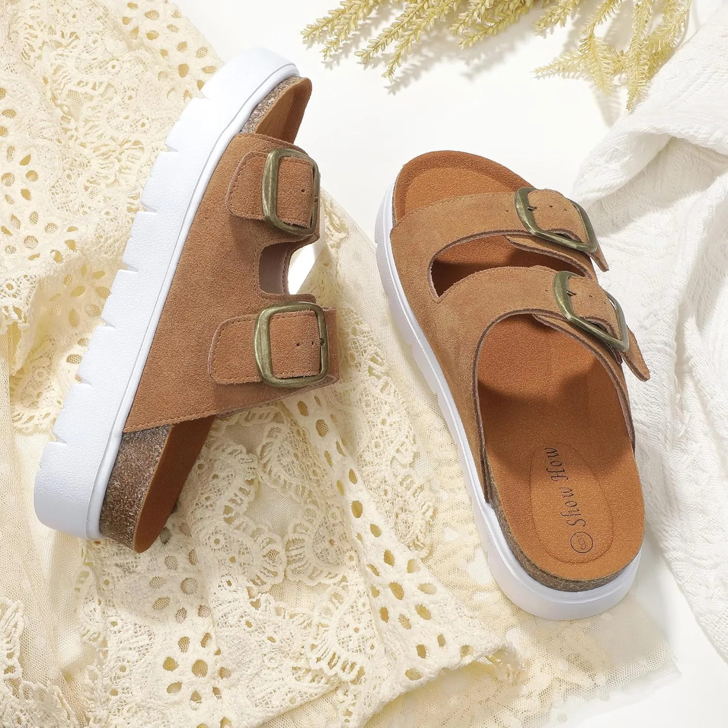 ShowHow Platform Sandals Women Cork Footbed Round Open Toe Chunky Double Adjustable Buckle Strappy Dress Slides Walking Summer Beach Outdoor Cute Comfortable Fashion Casual Dressy Slip On Sandals