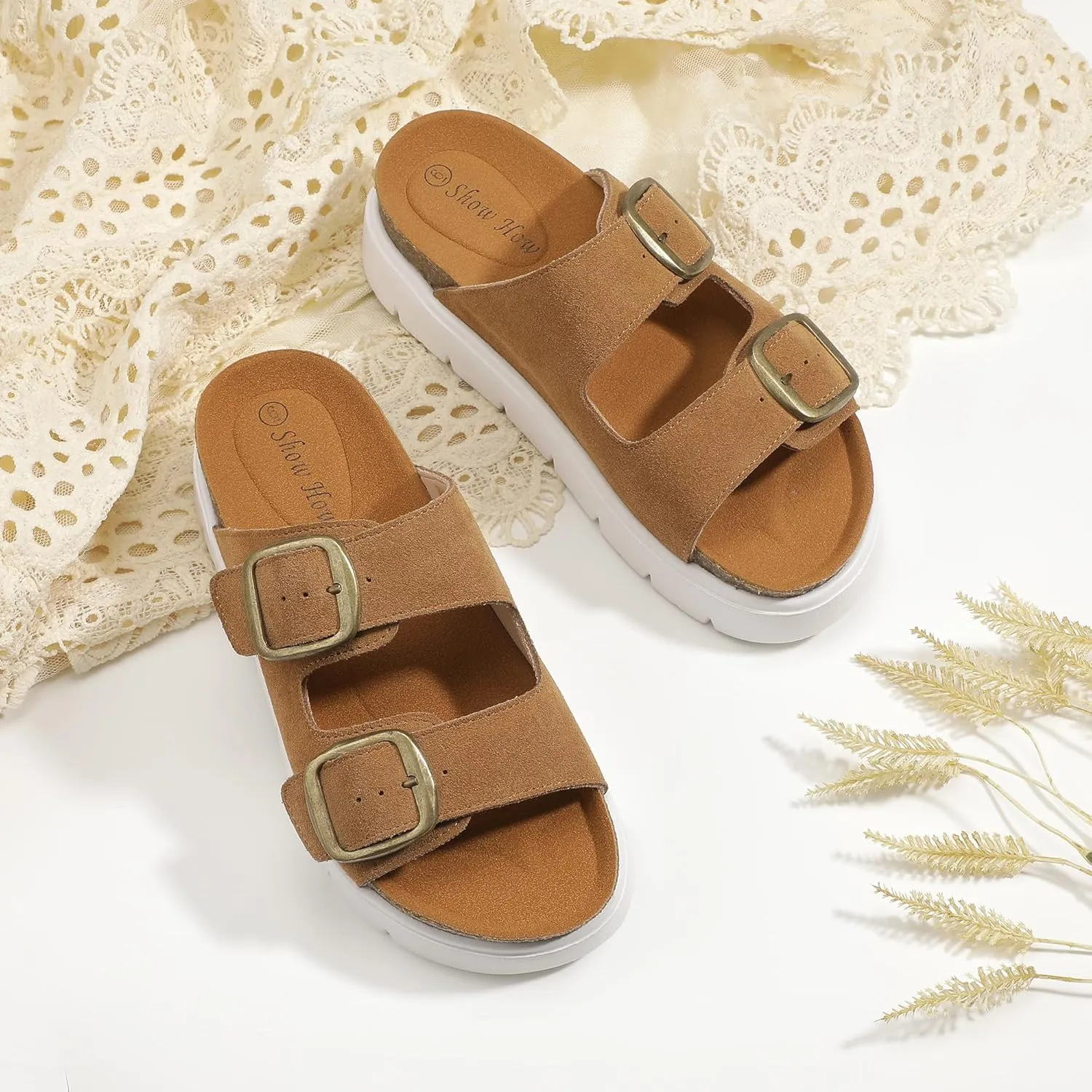 ShowHow Platform Sandals Women Cork Footbed Round Open Toe Chunky Double Adjustable Buckle Strappy Dress Slides Walking Summer Beach Outdoor Cute Comfortable Fashion Casual Dressy Slip On Sandals