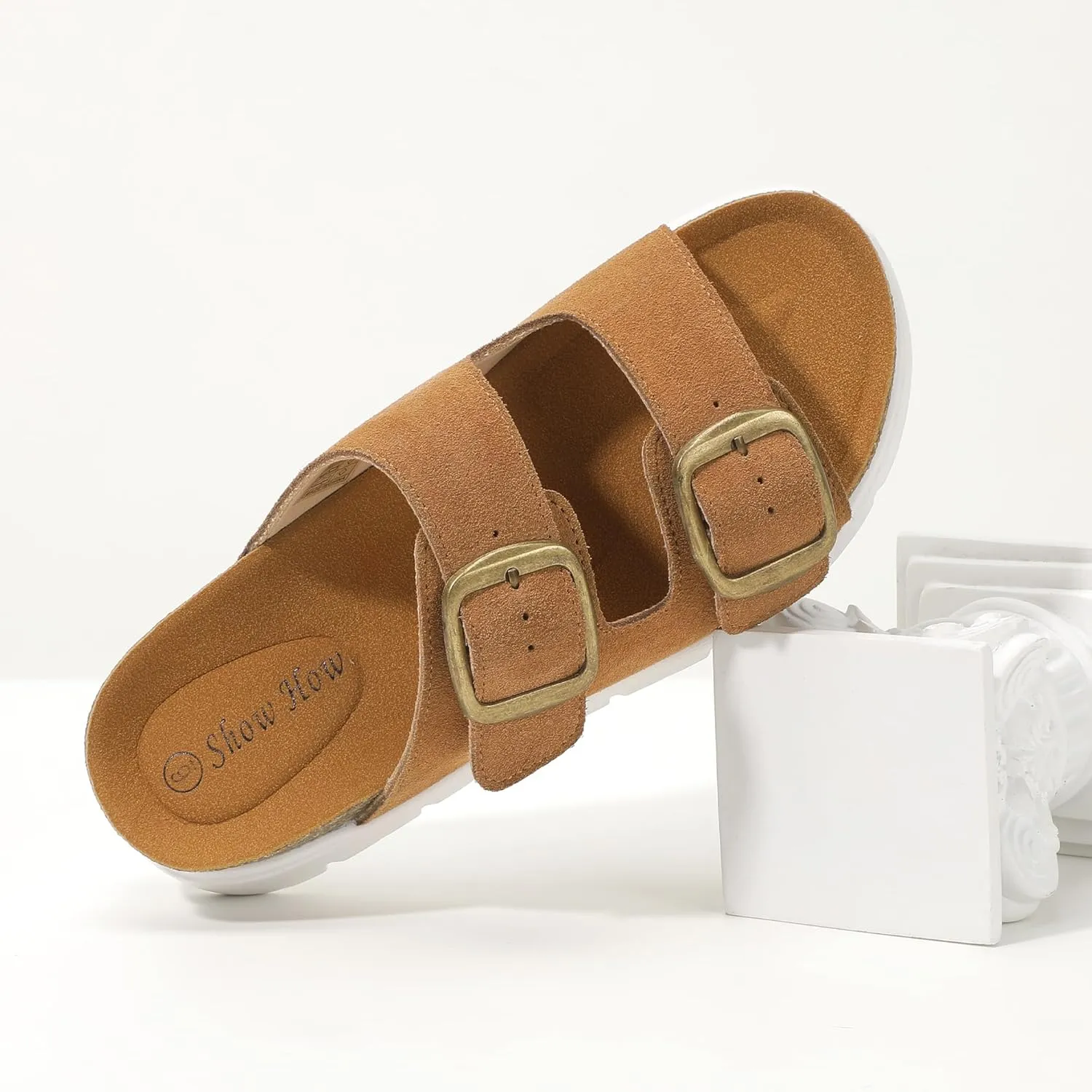 ShowHow Platform Sandals Women Cork Footbed Round Open Toe Chunky Double Adjustable Buckle Strappy Dress Slides Walking Summer Beach Outdoor Cute Comfortable Fashion Casual Dressy Slip On Sandals