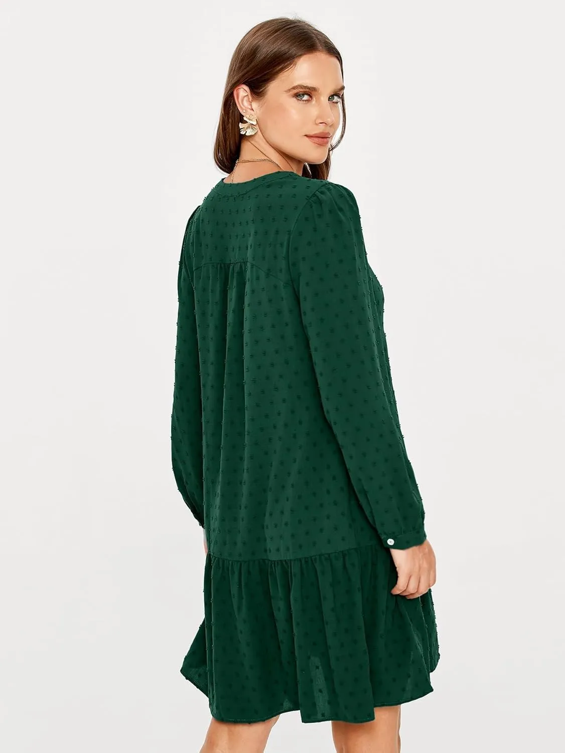 Simplee Women V Neck Long Sleeve Swiss Dot Dress Flowy Mini Dress Shift Dress
