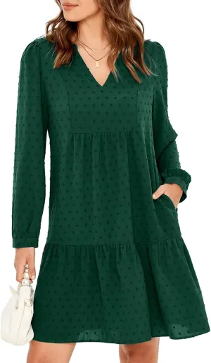 Simplee Women V Neck Long Sleeve Swiss Dot Dress Flowy Mini Dress Shift Dress