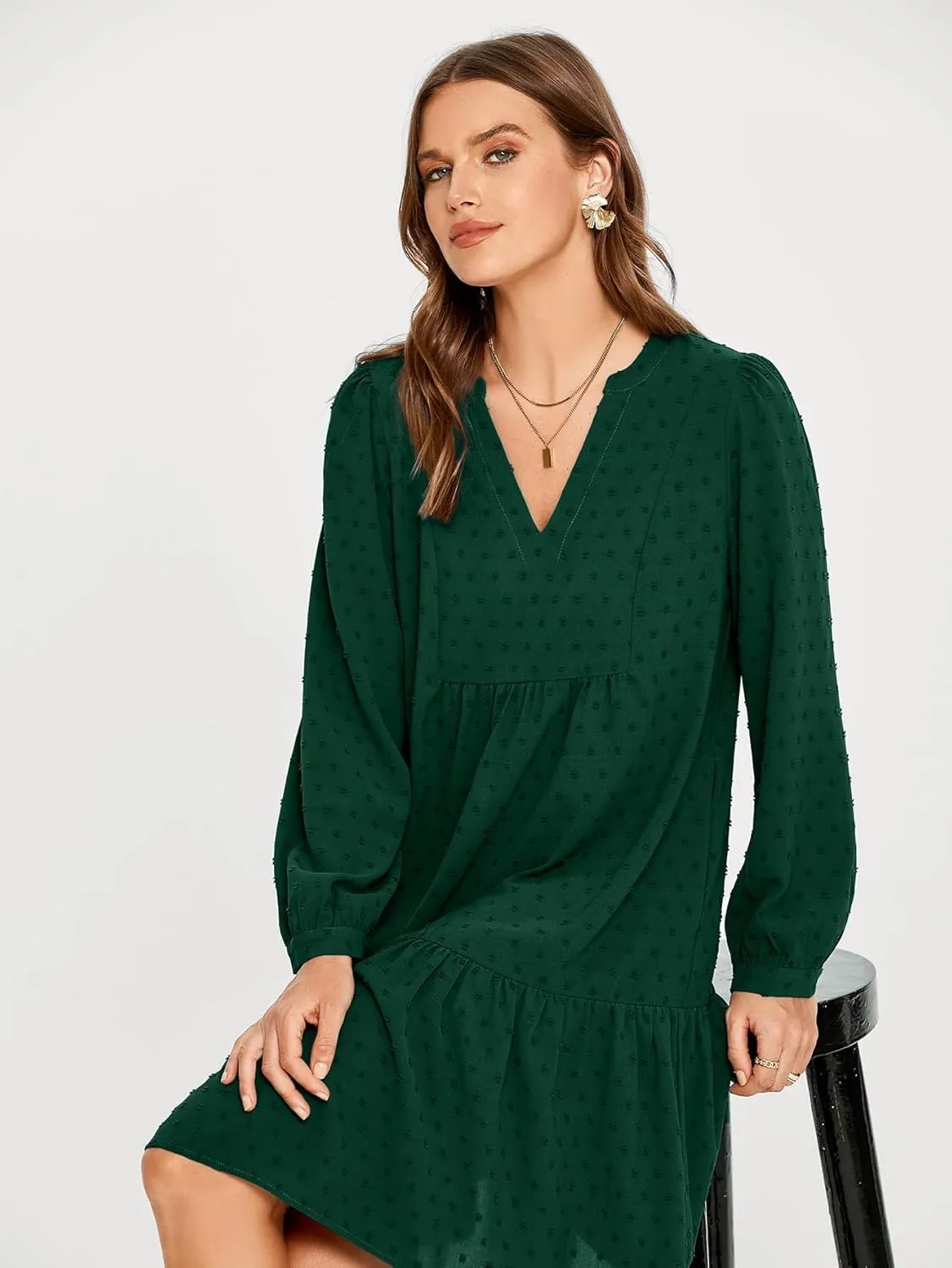 Simplee Women V Neck Long Sleeve Swiss Dot Dress Flowy Mini Dress Shift Dress