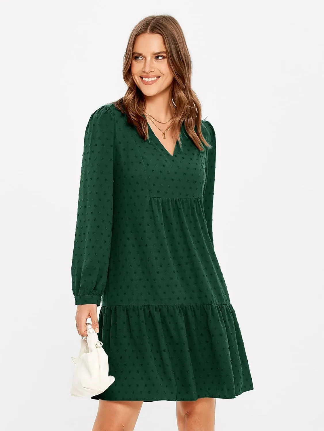 Simplee Women V Neck Long Sleeve Swiss Dot Dress Flowy Mini Dress Shift Dress