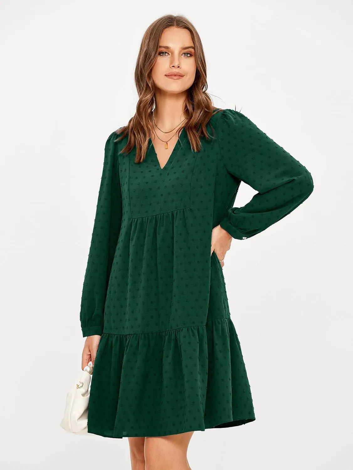 Simplee Women V Neck Long Sleeve Swiss Dot Dress Flowy Mini Dress Shift Dress