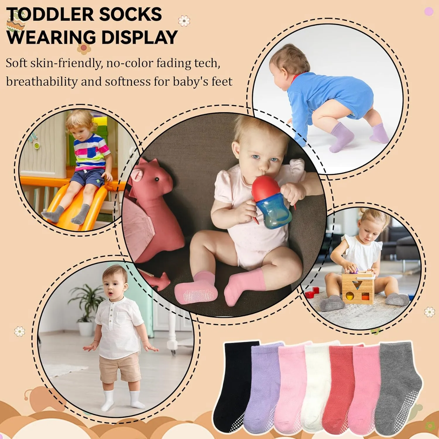 SkiBeaut 20 Pairs Toddler Socks Baby Boys Girls Grips Non Slips Kid Gripper Toddlers Crew Socks for 0-7 Years