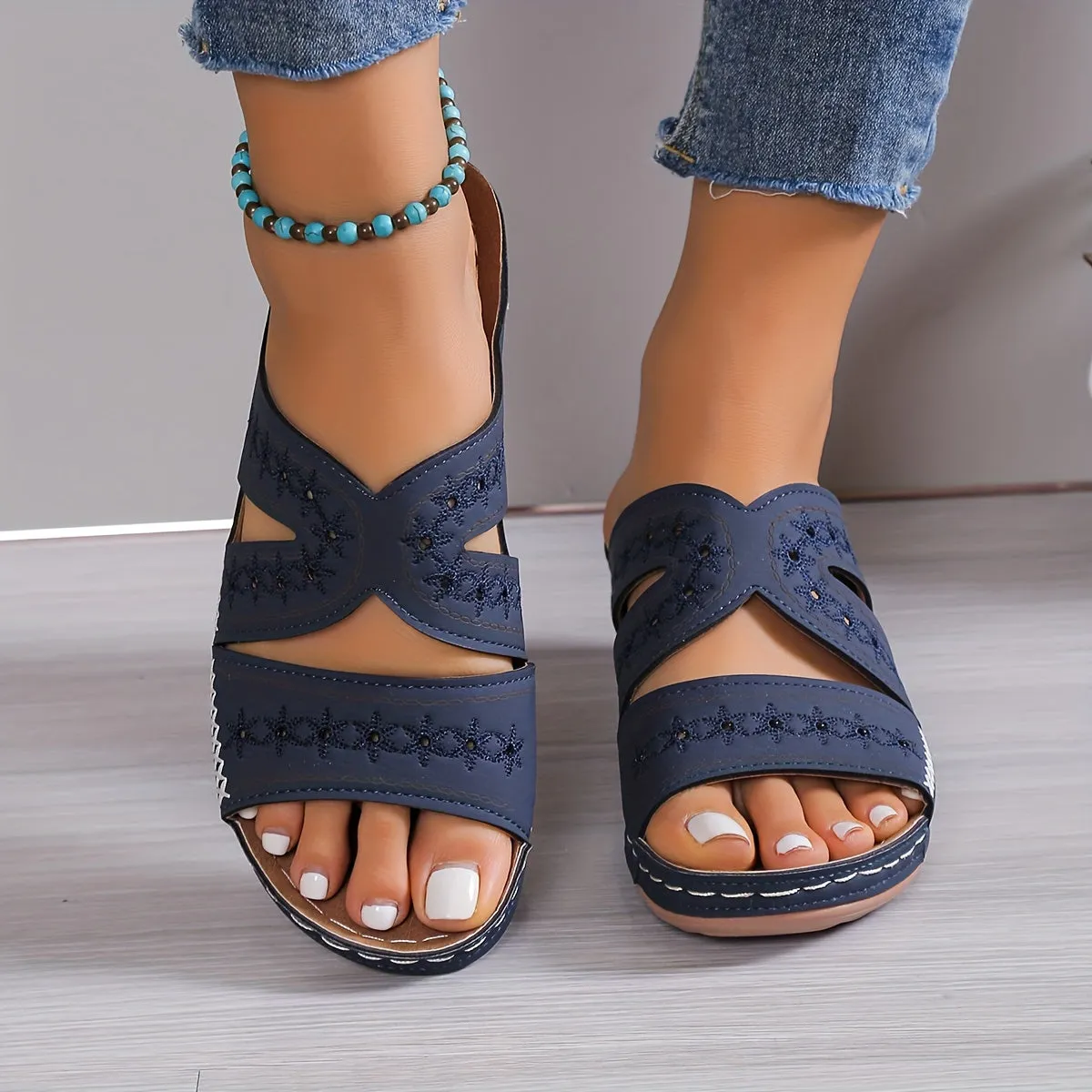 Slide Sandals - Navy - Rubber - Comfortable and Casual