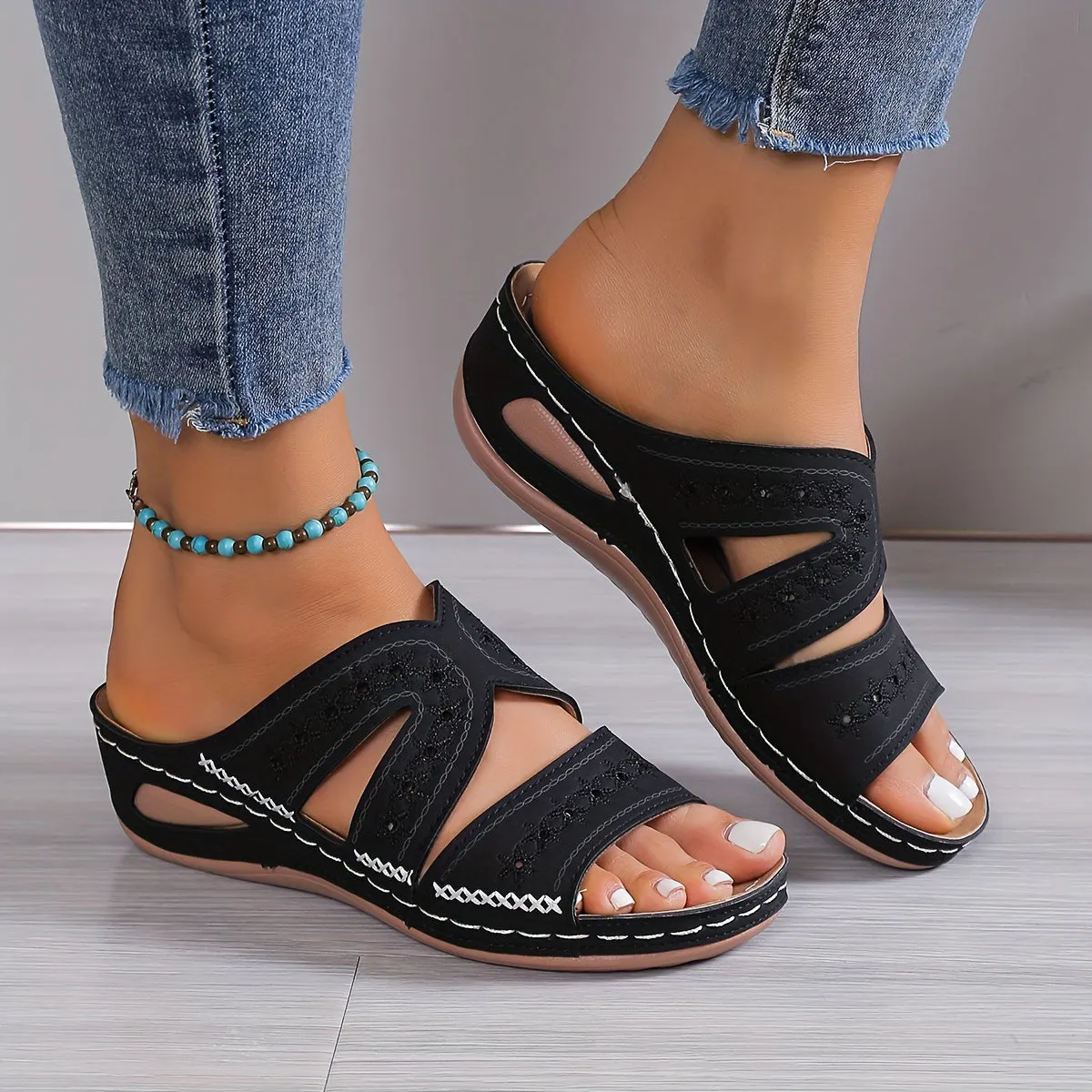 Slide Sandals - Navy - Rubber - Comfortable and Casual
