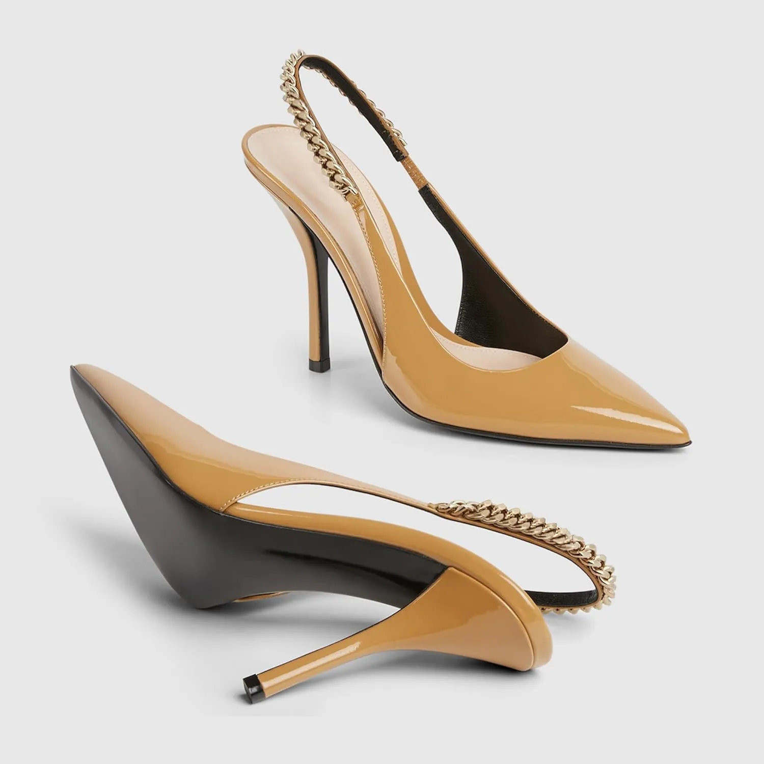 Slingback High Heels for Women Patent Leather Pointed Toe Stiletto Stretch Metal Strap Slip On Backless Pumps Casual Dress Shoes