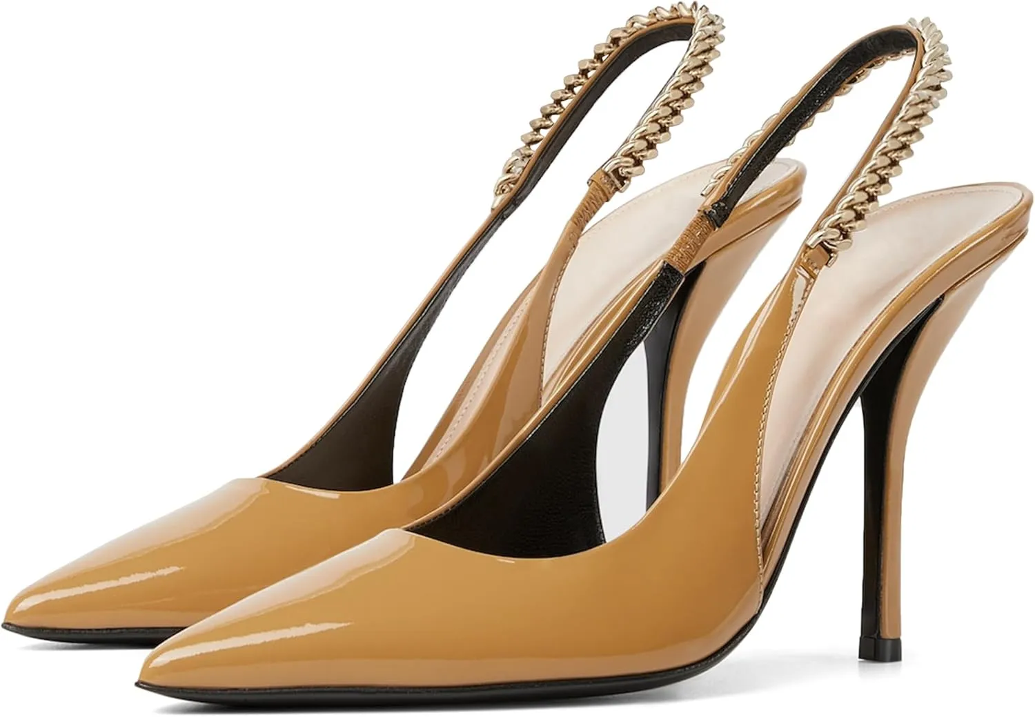 Slingback High Heels for Women Patent Leather Pointed Toe Stiletto Stretch Metal Strap Slip On Backless Pumps Casual Dress Shoes