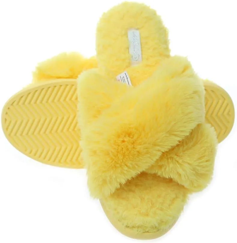 Slippers for Women Fashion Cross Band Plush Anti-Skid Memory Foam Slip On Fuzzy Slides Indoor Outdoor