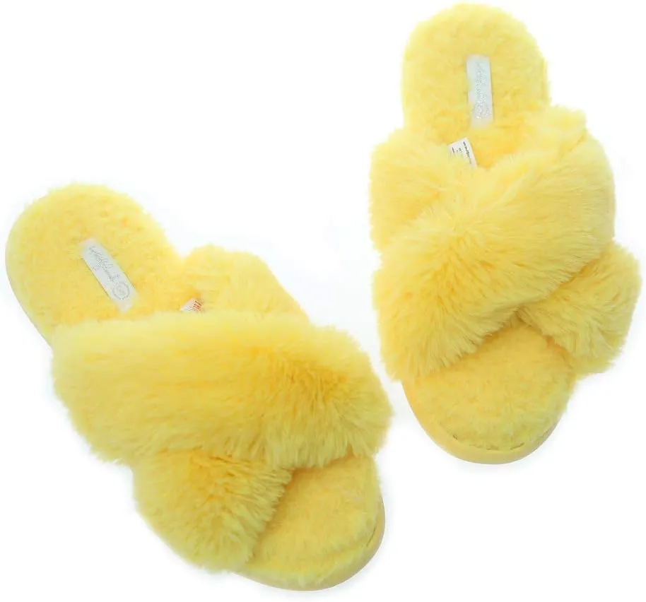 Slippers for Women Fashion Cross Band Plush Anti-Skid Memory Foam Slip On Fuzzy Slides Indoor Outdoor