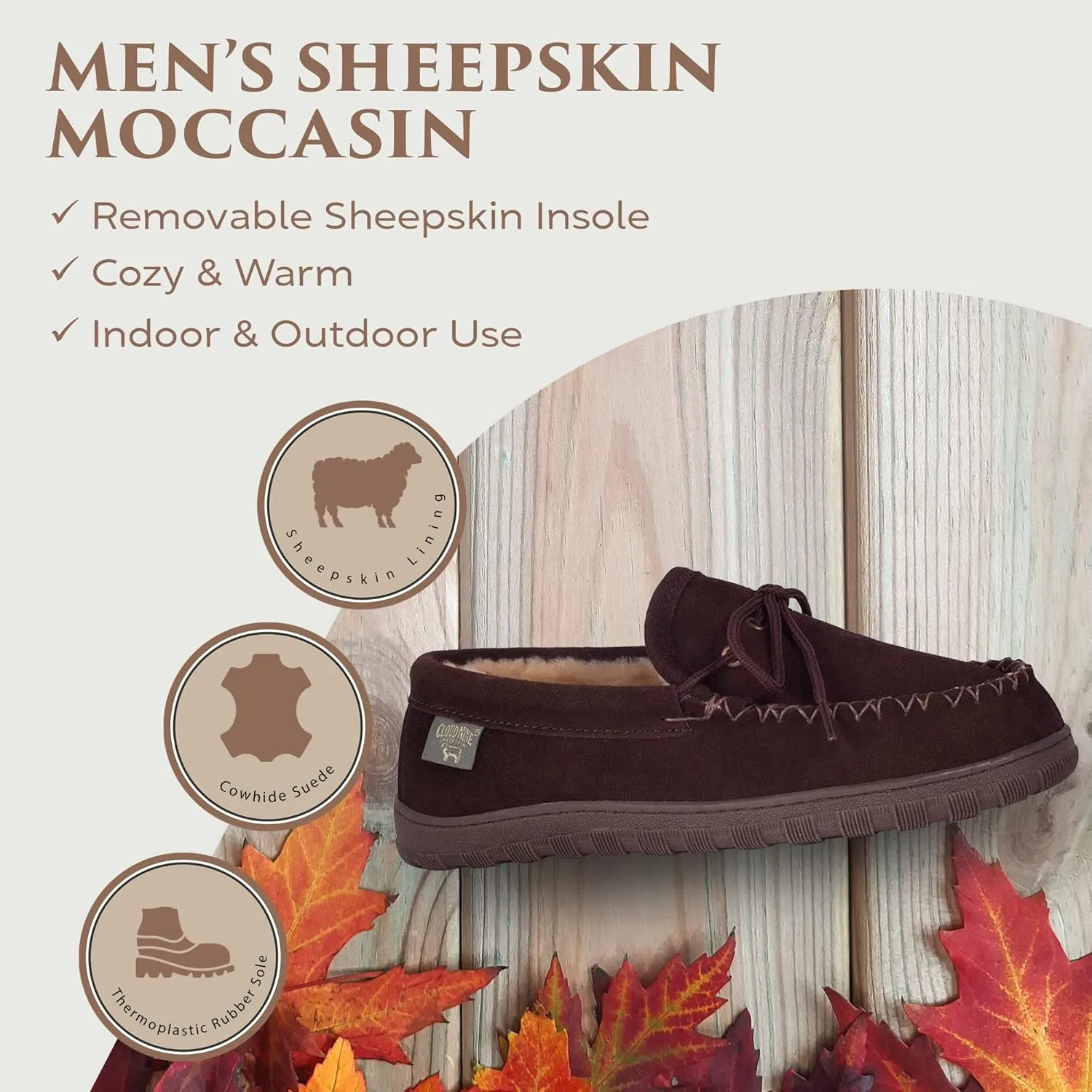 Slippers Mens Moccasins Shoes - Sheepskin Lined Slip-on Indoor & Outdoor Moccasins for Men