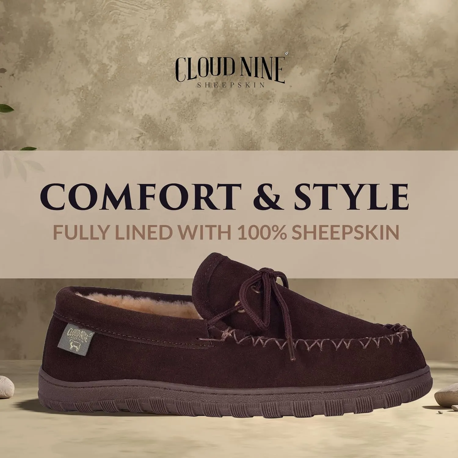 Slippers Mens Moccasins Shoes - Sheepskin Lined Slip-on Indoor & Outdoor Moccasins for Men