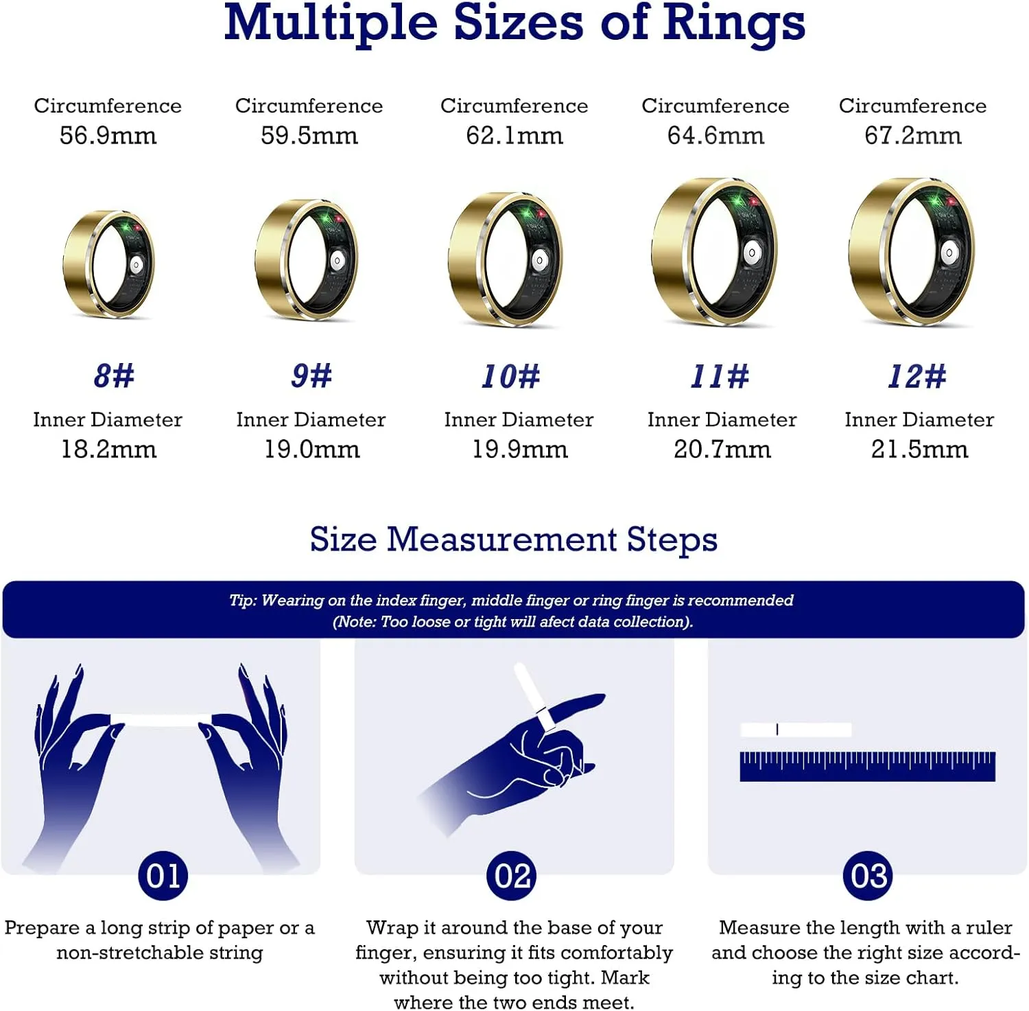 Smart Ring Health Tracker, Sleep Tracker Ring with Heart Rate, Waterproof Fitness Ring for Activity Monitoring/Steps/Distance/Calories,Air Gestures,Up to 7-Day Battery,for iOS Android (Light Gold,#10)