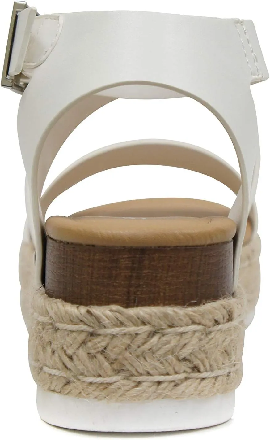 Soda Top Shoe Bryce Open Toe Buckle Ankle Strap Espadrilles Flatform Wedge Casual Sandal