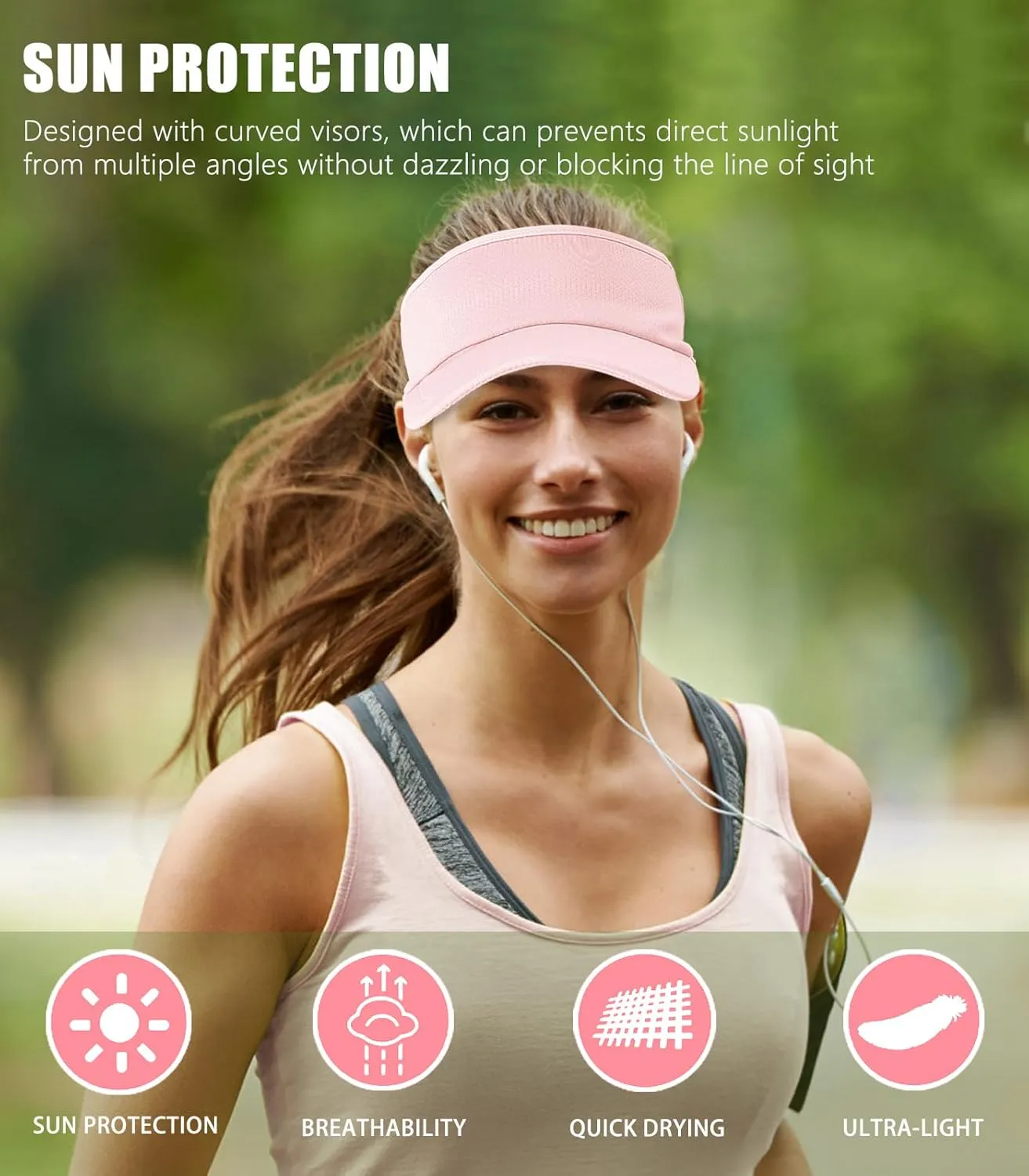 Sports Sun Visor Women Men, Cooling Stretchy Visor Hats Summer Packable Ponytail Sun Hat for Running, Golf, Tennis