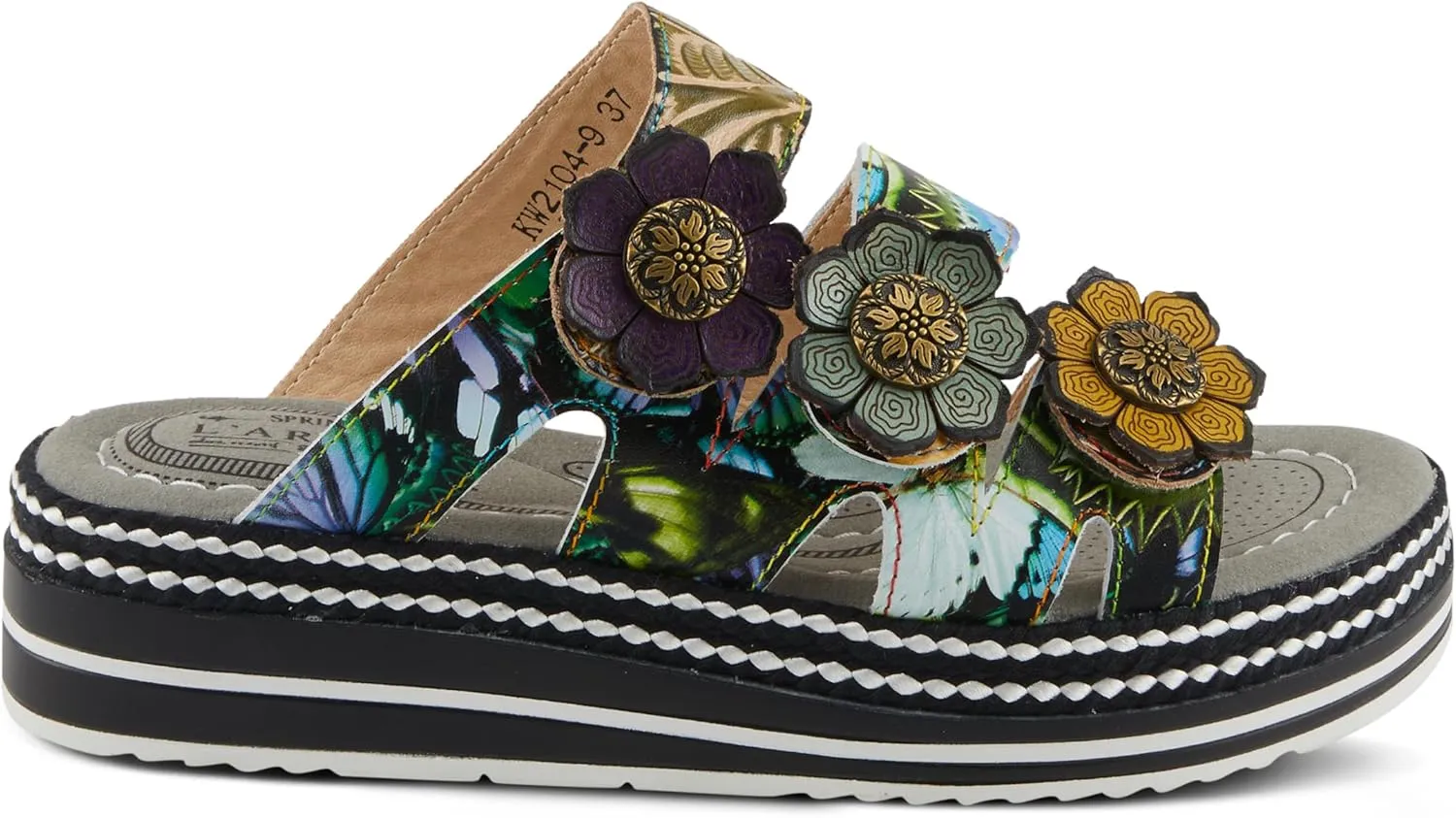Spring Step L'Artiste Women's NAOMI-MONARCH Comfortable Butterfly Slide Sandals | Hand-Painted Leather Flowers, Hook and Loop Closure
