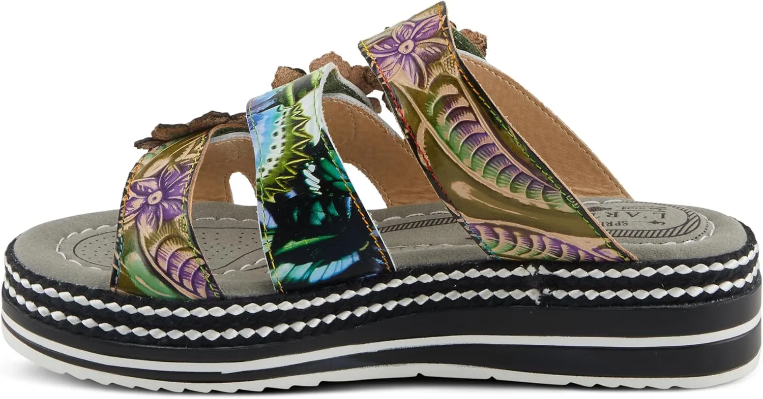 Spring Step L'Artiste Women's NAOMI-MONARCH Comfortable Butterfly Slide Sandals | Hand-Painted Leather Flowers, Hook and Loop Closure