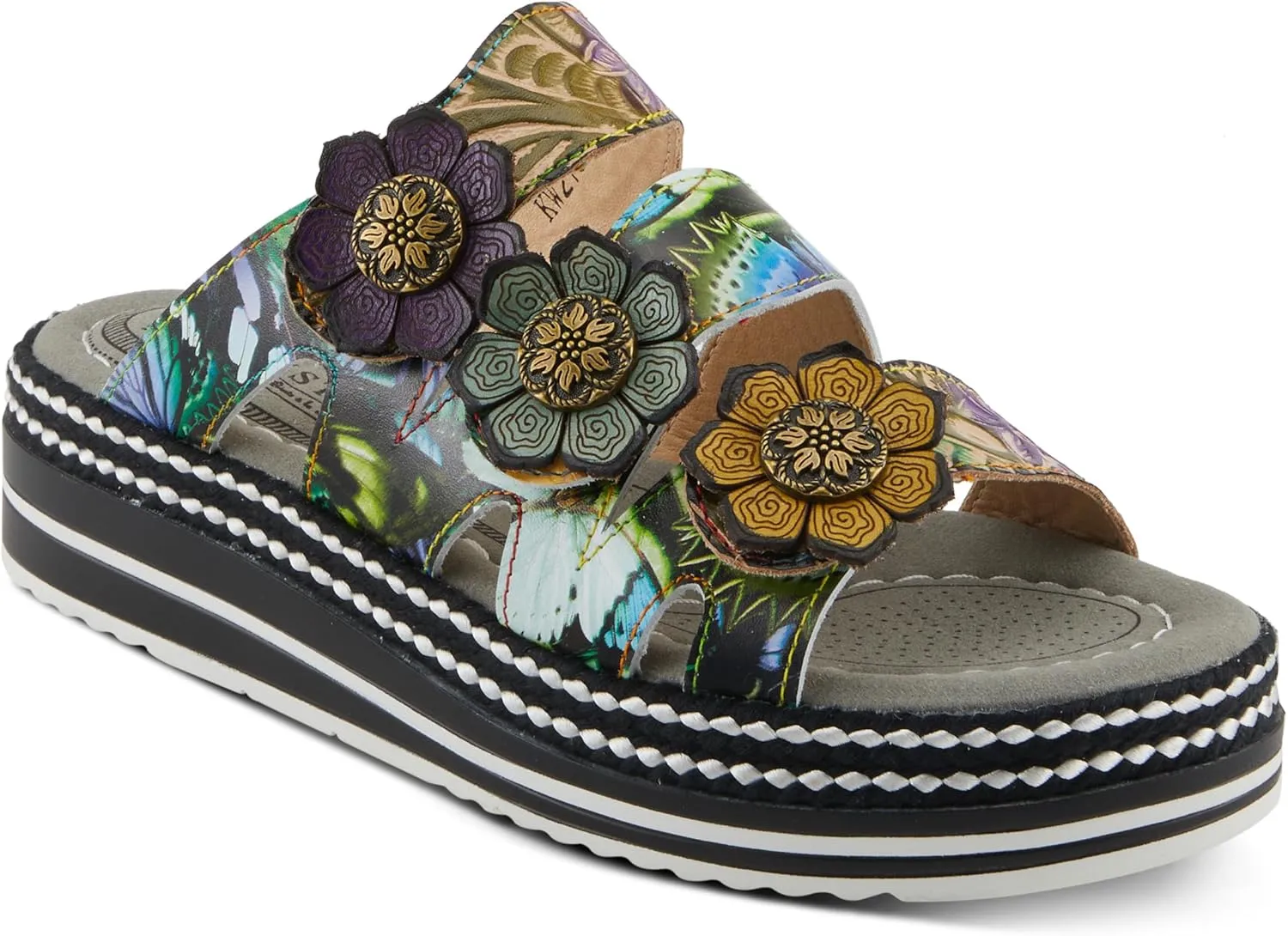 Spring Step L'Artiste Women's NAOMI-MONARCH Comfortable Butterfly Slide Sandals | Hand-Painted Leather Flowers, Hook and Loop Closure