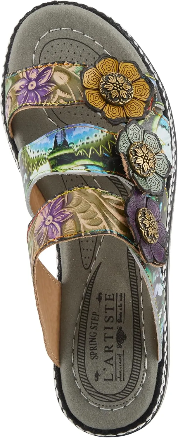 Spring Step L'Artiste Women's NAOMI-MONARCH Comfortable Butterfly Slide Sandals | Hand-Painted Leather Flowers, Hook and Loop Closure