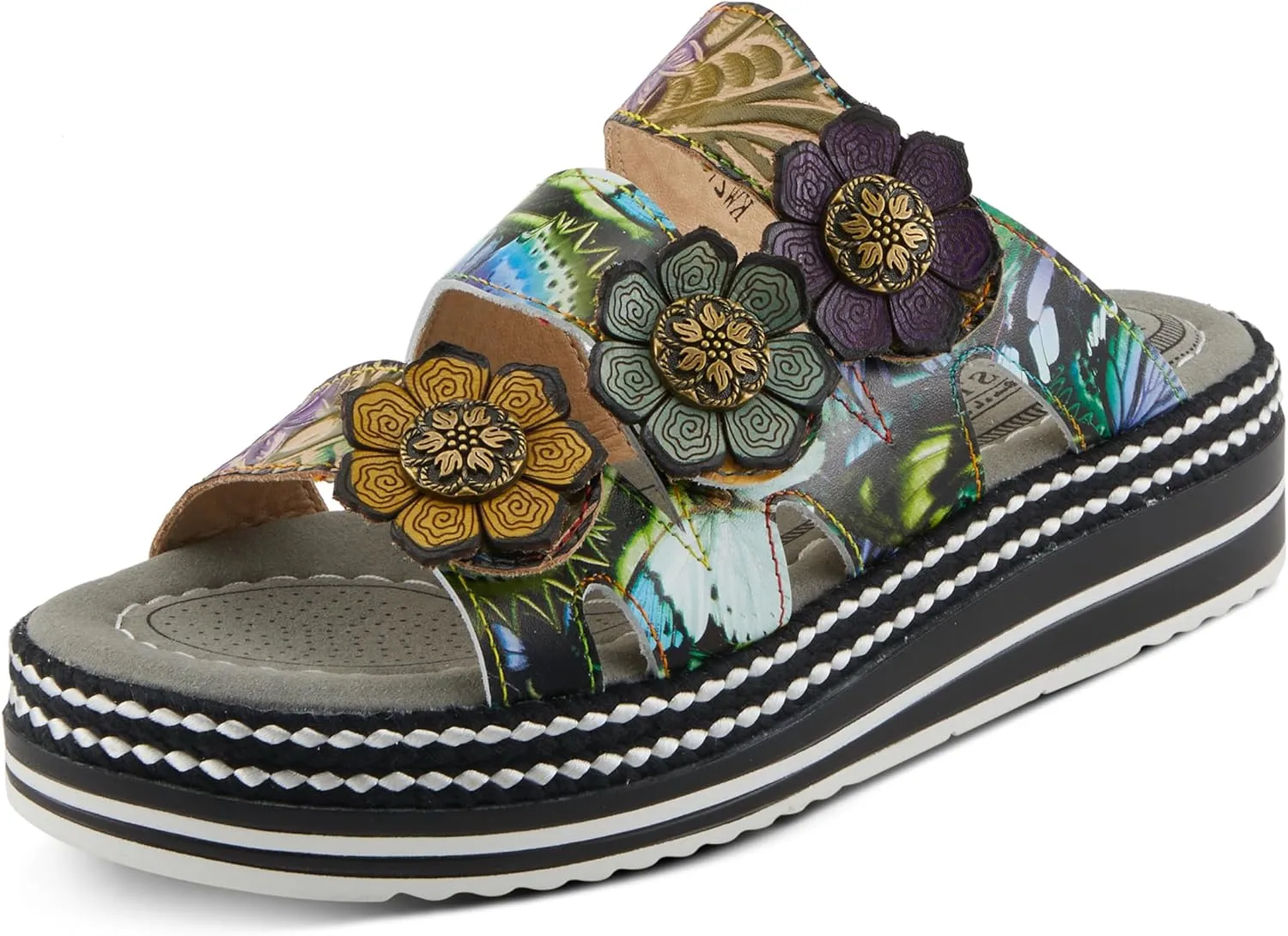Spring Step L'Artiste Women's NAOMI-MONARCH Comfortable Butterfly Slide Sandals | Hand-Painted Leather Flowers, Hook and Loop Closure