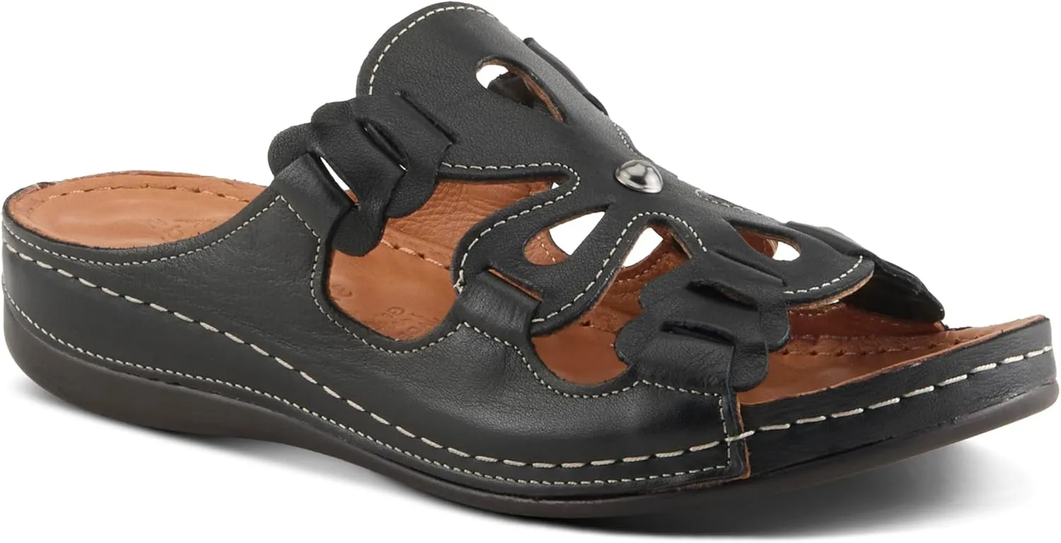 Spring Step Women's MEZERA Genuine Leather Slide Sandal – Flower Cut-Out Design, Contrasting Stitching, Comfortable Footbed