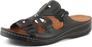 Spring Step Women's MEZERA Genuine Leather Slide Sandal – Flower Cut-Out Design, Contrasting Stitching, Comfortable Footbed