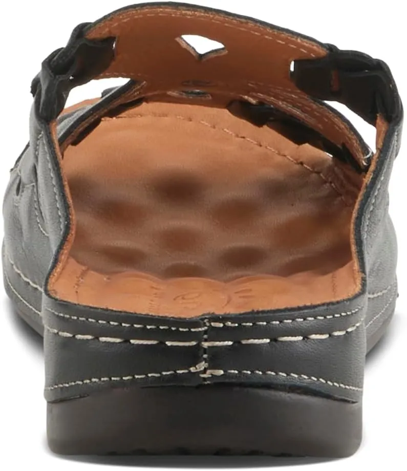 Spring Step Women's MEZERA Genuine Leather Slide Sandal – Flower Cut-Out Design, Contrasting Stitching, Comfortable Footbed
