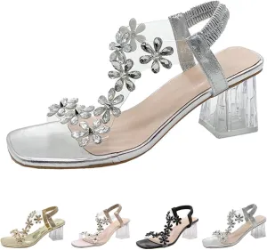 StoneLiquid Women's Flower Rhinestone Block Heel Sandals, Clear Floral Crystal Block Heel Sandals Square Elastic Open Toe High Heels Shoes