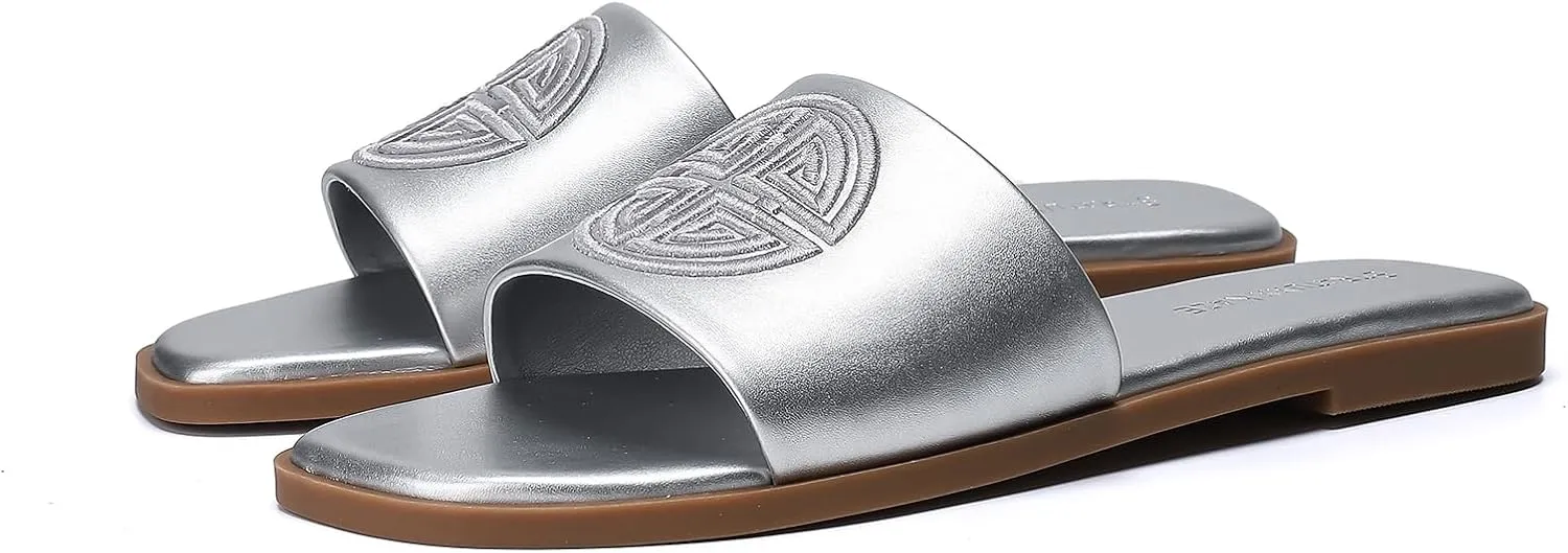 Stratuxx Kaze Womens Flat Sandals Dressy Summer Slide Dress Sandals Comfortable Cute Leather Black Sandals for Women