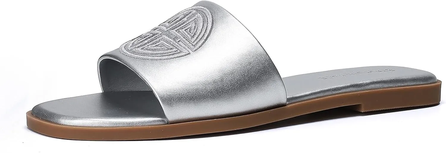 Stratuxx Kaze Womens Flat Sandals Dressy Summer Slide Dress Sandals Comfortable Cute Leather Black Sandals for Women