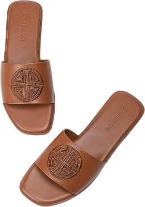 Stratuxx Kaze Womens Flat Sandals Dressy Summer Slide Dress Sandals Comfortable Cute Leather Black Sandals for Women