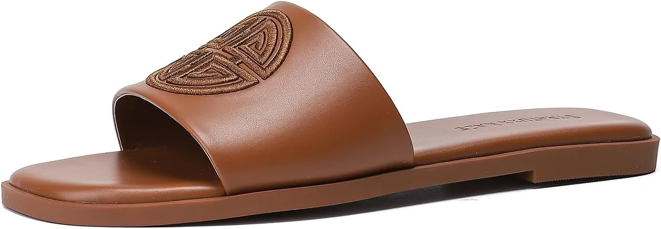 Stratuxx Kaze Womens Flat Sandals Dressy Summer Slide Dress Sandals Comfortable Cute Leather Black Sandals for Women