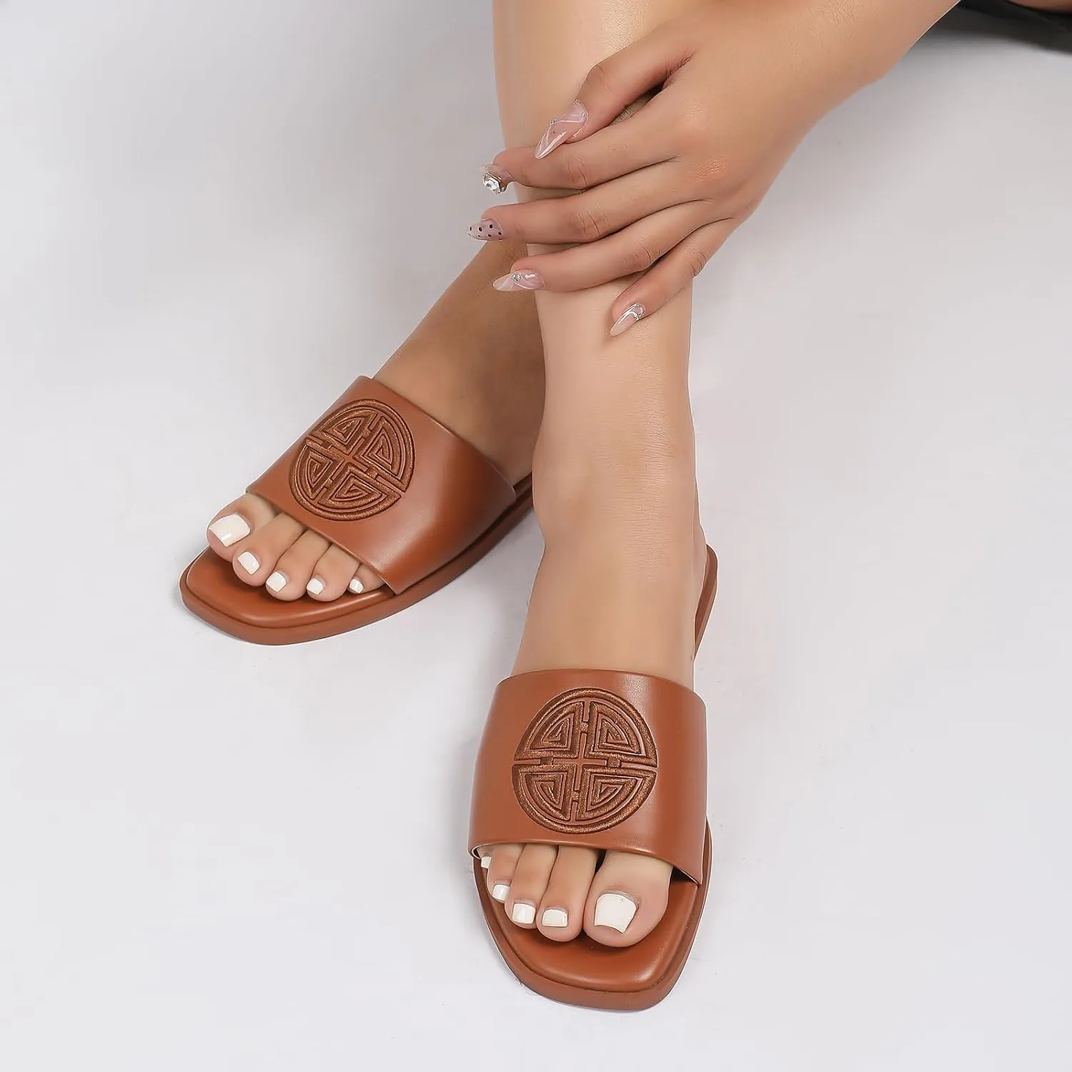 Stratuxx Kaze Womens Flat Sandals Dressy Summer Slide Dress Sandals Comfortable Cute Leather Black Sandals for Women
