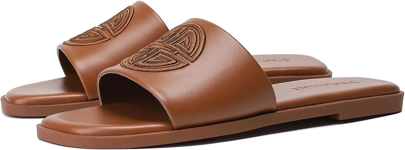 Stratuxx Kaze Womens Flat Sandals Dressy Summer Slide Dress Sandals Comfortable Cute Leather Black Sandals for Women