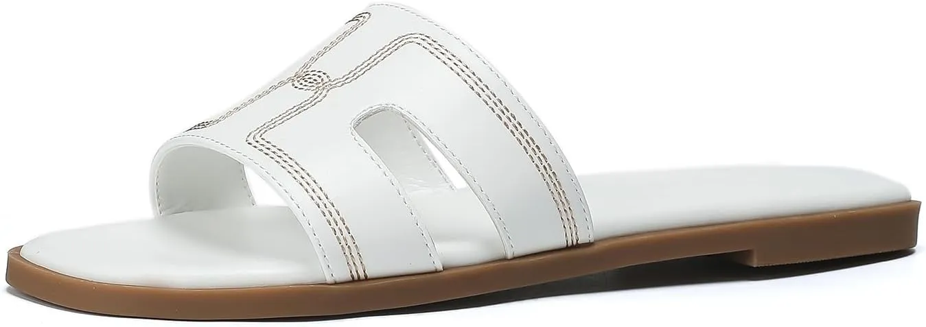 Stratuxx Kaze Womens Flat Sandals Dressy Summer Slide Leather Sandals Comfortable Cute Black Summer Slides for Women