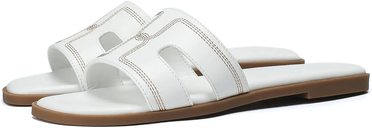 Stratuxx Kaze Womens Flat Sandals Dressy Summer Slide Leather Sandals Comfortable Cute Black Summer Slides for Women
