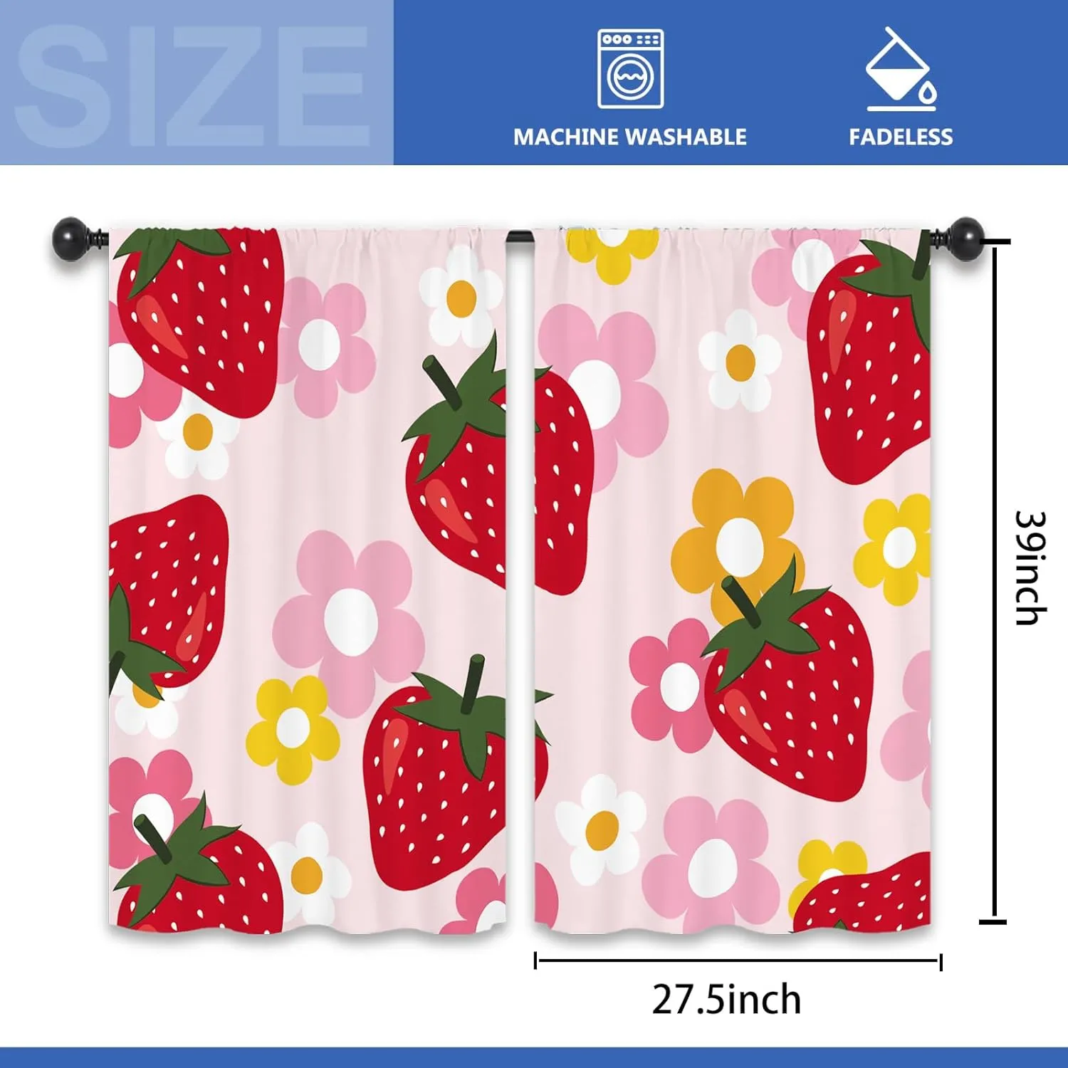 Strawberry Fruit Cute Kitchen Curtains 27.5W x 39L Inch Pink Red Y2K Groovy Funky Trendy Flower Rod Pocket Short Small Window Treatment Drapes Decor 2 Panels