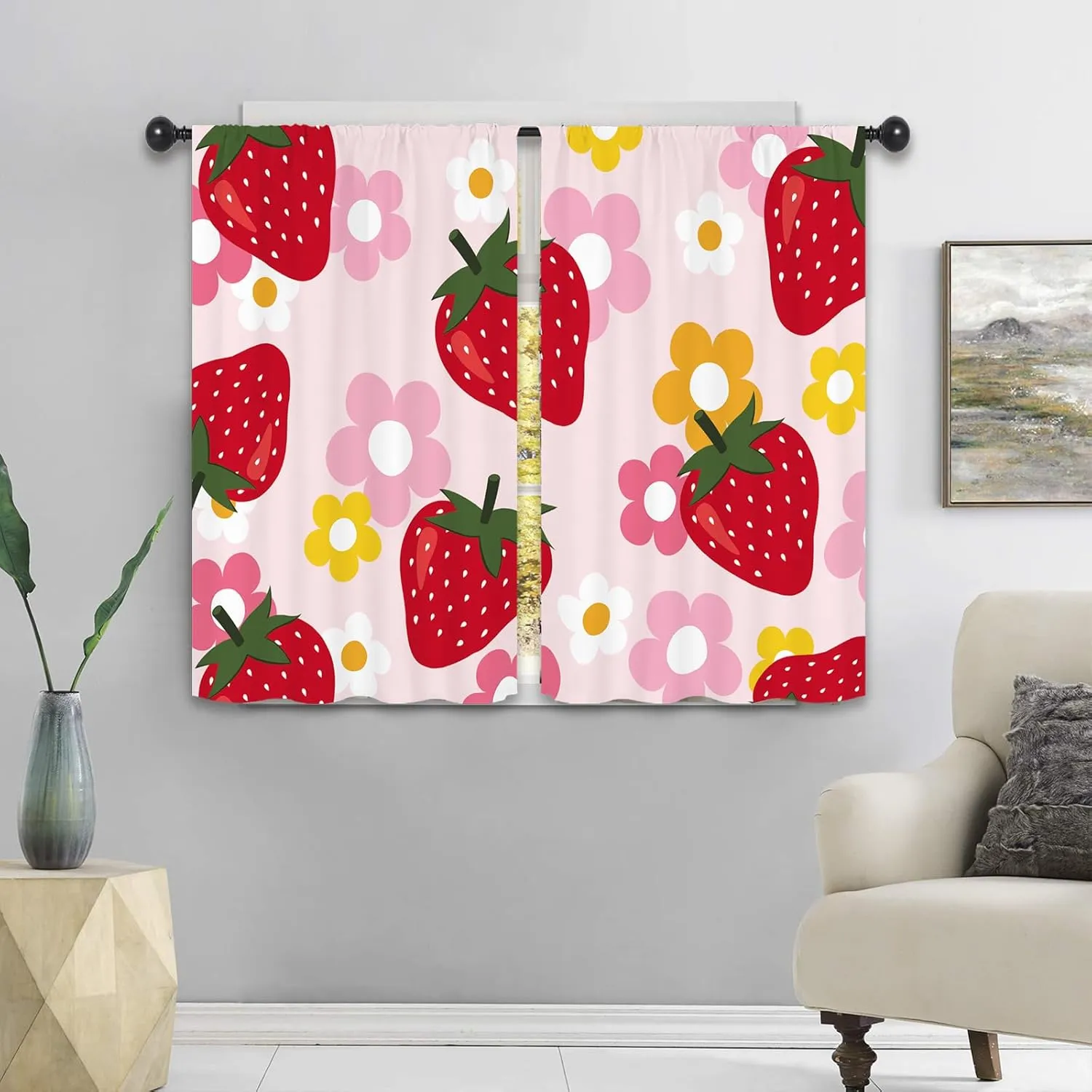 Strawberry Fruit Cute Kitchen Curtains 27.5W x 39L Inch Pink Red Y2K Groovy Funky Trendy Flower Rod Pocket Short Small Window Treatment Drapes Decor 2 Panels