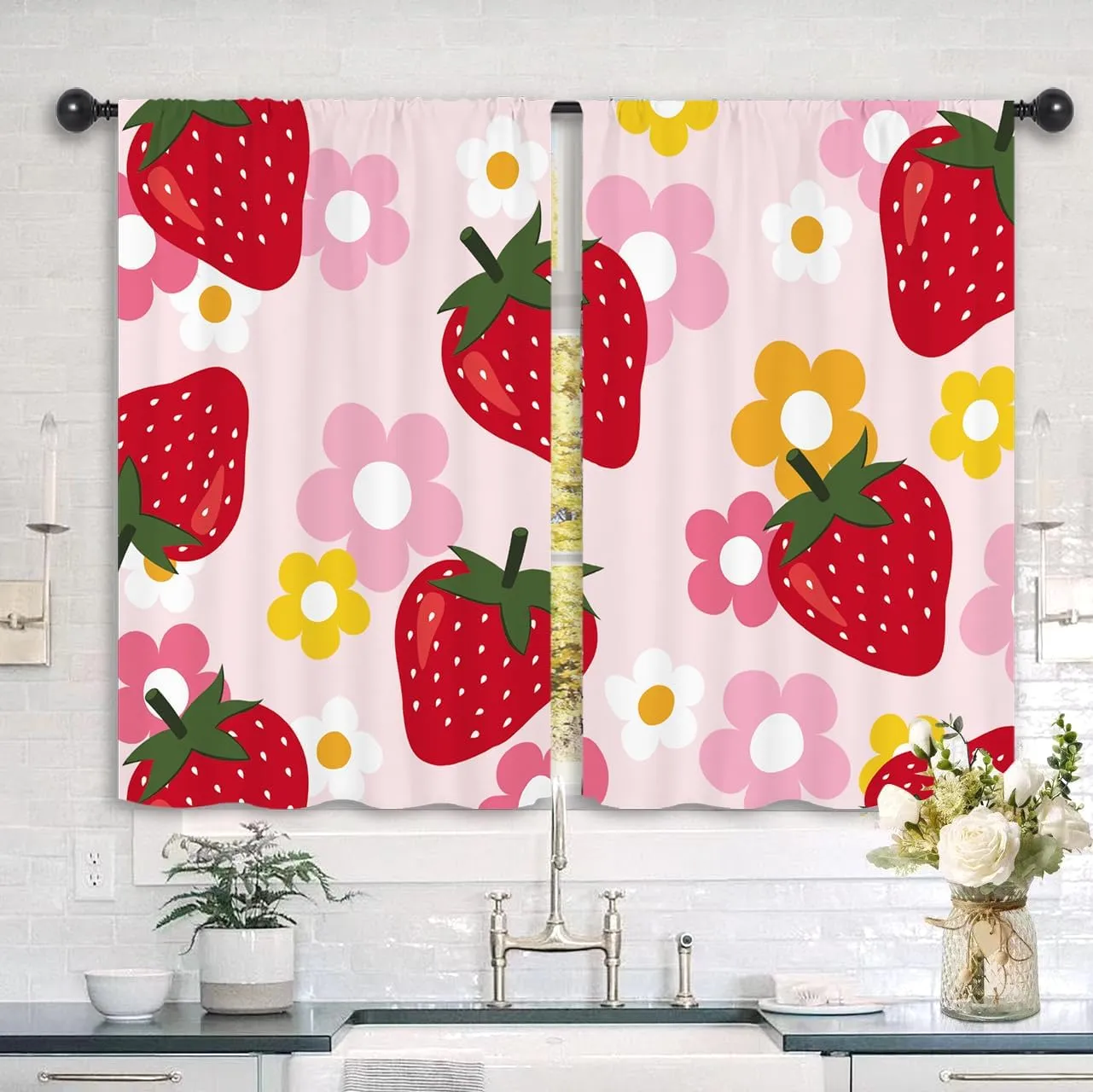 Strawberry Fruit Cute Kitchen Curtains 27.5W x 39L Inch Pink Red Y2K Groovy Funky Trendy Flower Rod Pocket Short Small Window Treatment Drapes Decor 2 Panels