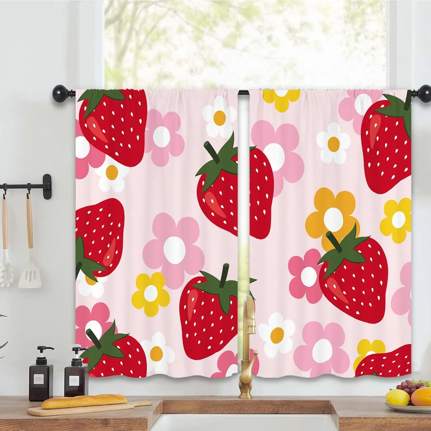 Strawberry Fruit Cute Kitchen Curtains 27.5W x 39L Inch Pink Red Y2K Groovy Funky Trendy Flower Rod Pocket Short Small Window Treatment Drapes Decor 2 Panels