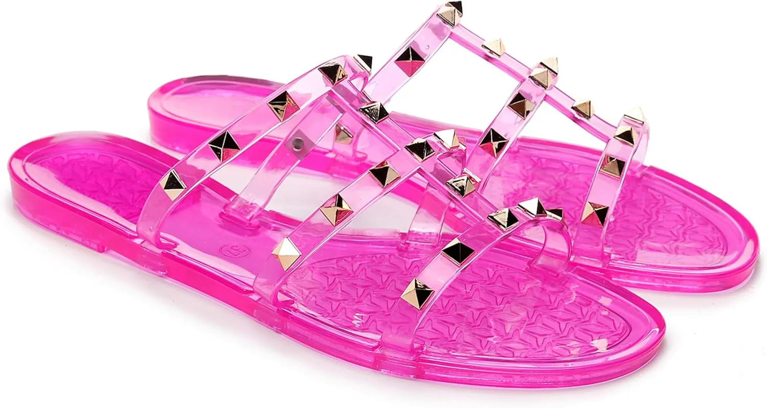 Studded Sandals for Womens Jelly Shoes Flats Stud Slides Slip On Dressy Black Jellies Slippers Summer Beach with Rivets