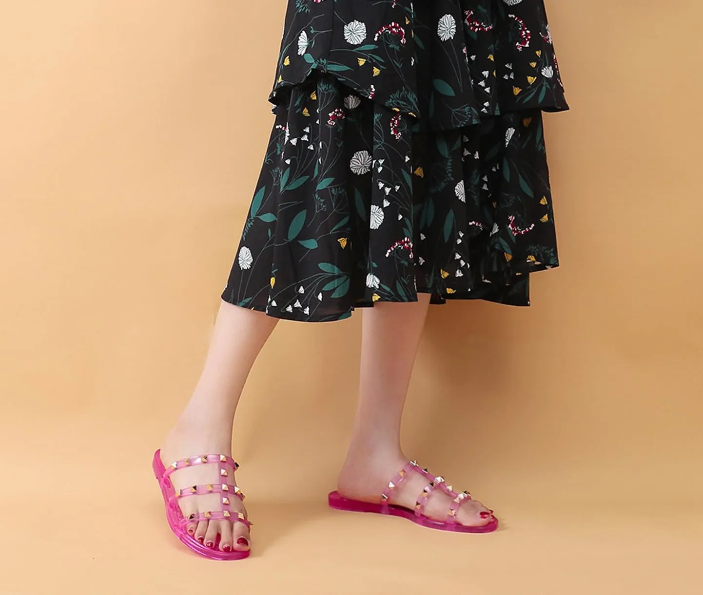 Studded Sandals for Womens Jelly Shoes Flats Stud Slides Slip On Dressy Black Jellies Slippers Summer Beach with Rivets