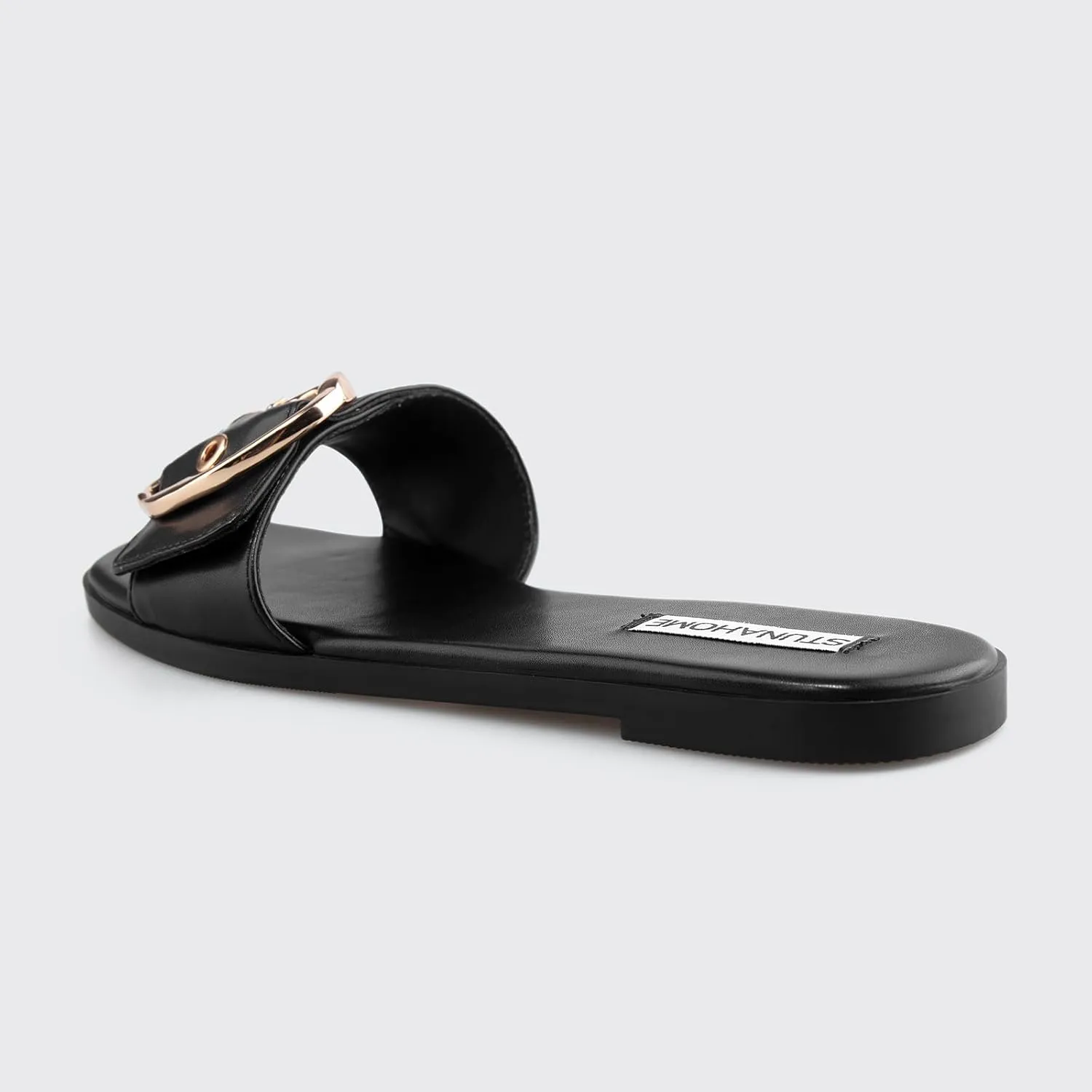 STUNAHOME Flat Sandals Women Fashion Slides With Soft Leather Paired with Metal buckle Slippers