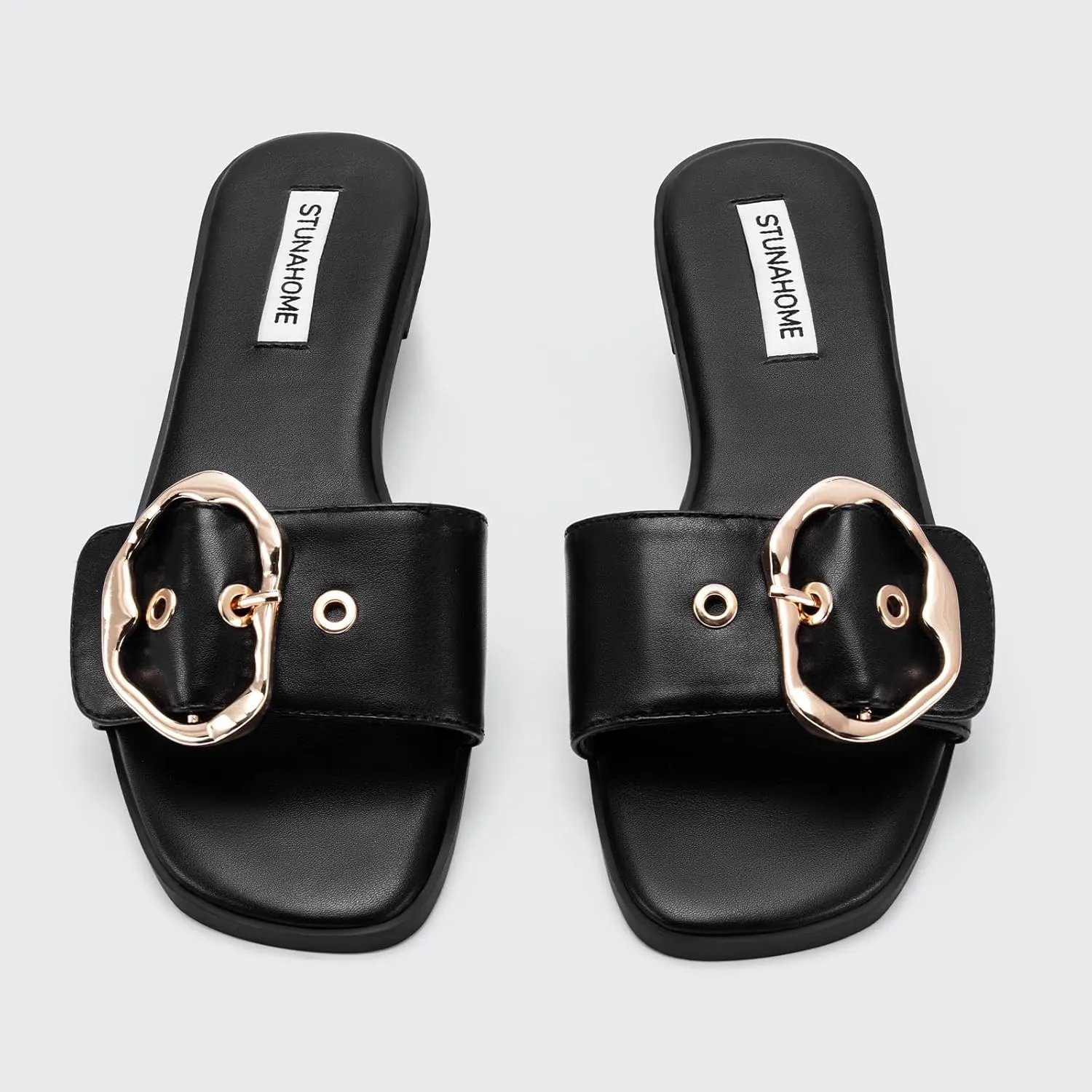 STUNAHOME Flat Sandals Women Fashion Slides With Soft Leather Paired with Metal buckle Slippers