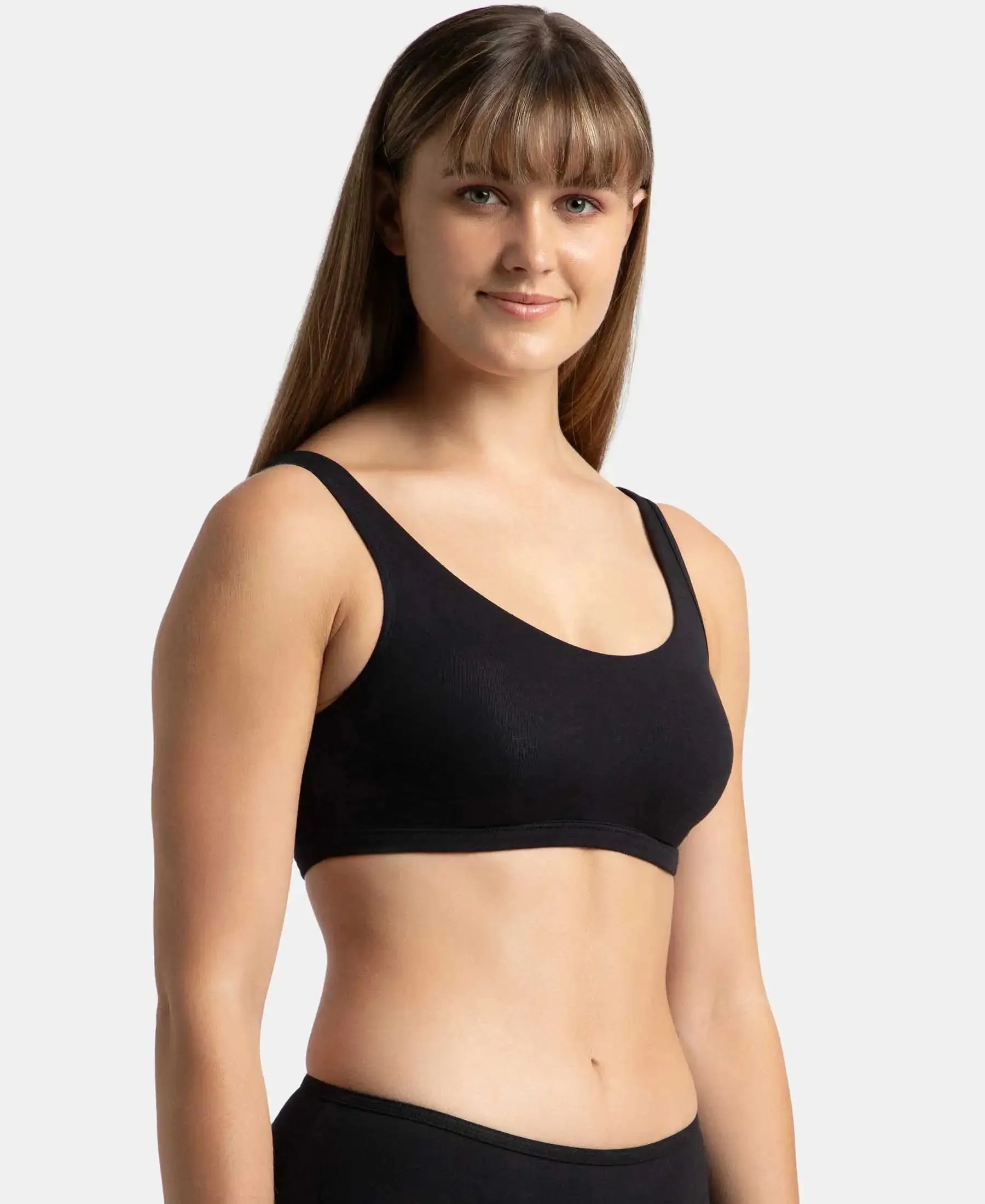 Super Combed Cotton Elastane Stretch Slip On Lounge Bra With StayFresh Treatment - Black