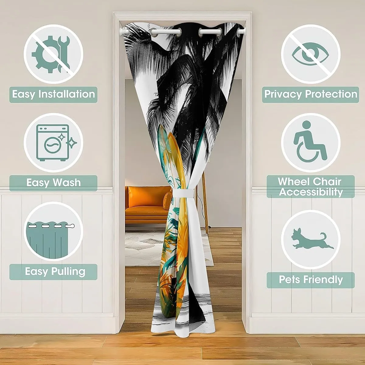 Surfboard Door Curtain Tropical Coconut Tree Doorway Curtain Hawaiian Ocean Beach Darkening Blackout Curtain Sea Surfing Sports Drape for Bedroom Privacy 1 Panel 34" W X 80" L