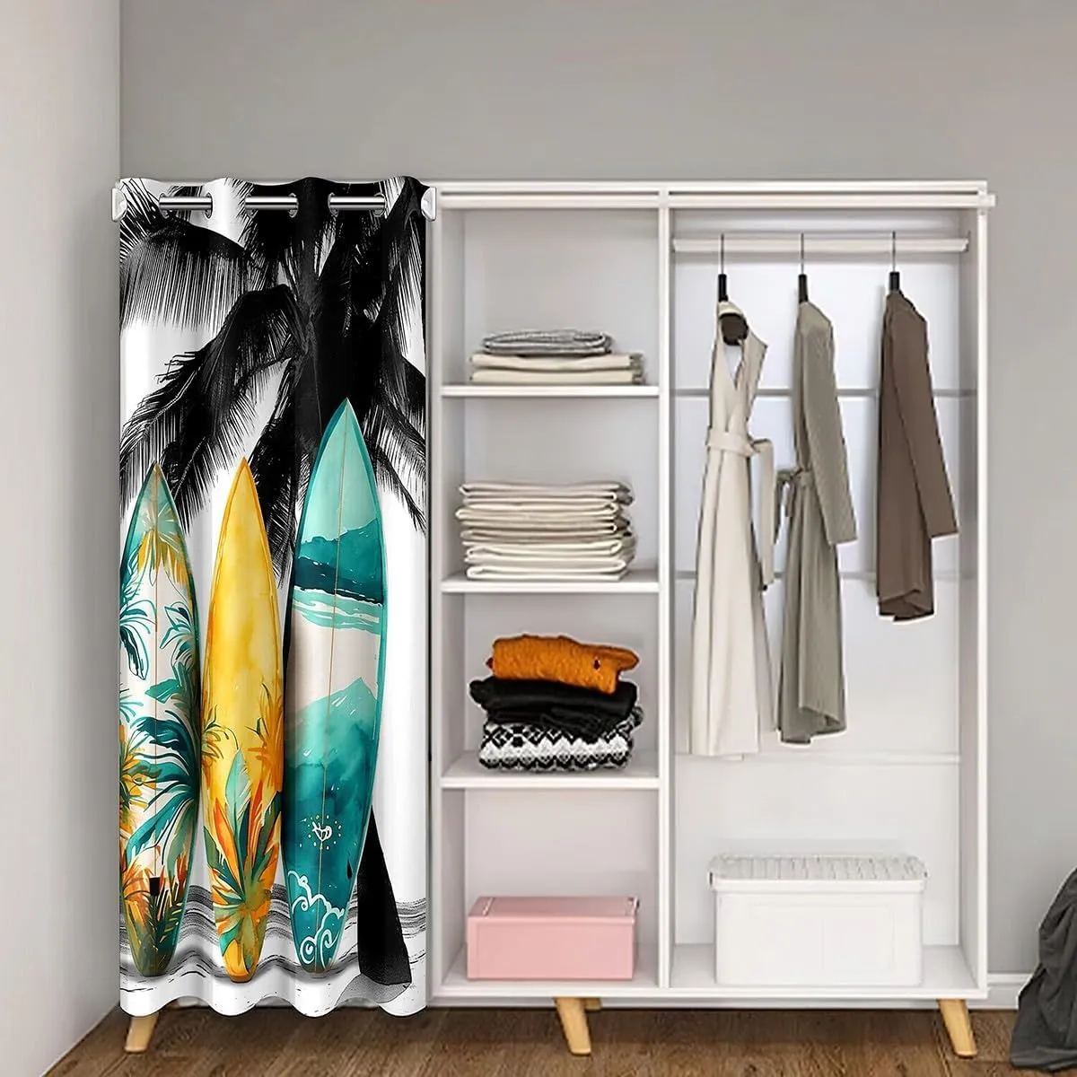 Surfboard Door Curtain Tropical Coconut Tree Doorway Curtain Hawaiian Ocean Beach Darkening Blackout Curtain Sea Surfing Sports Drape for Bedroom Privacy 1 Panel 34" W X 80" L